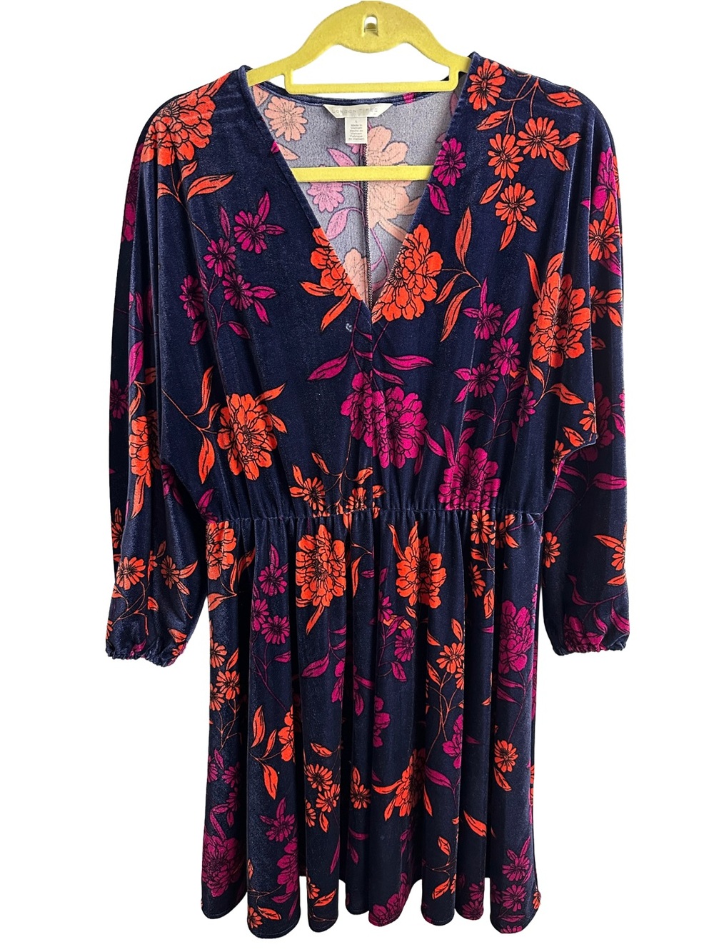 London Times Velvet Navy Long Sleeve Floral Dress with Orange & Magenta Flowers